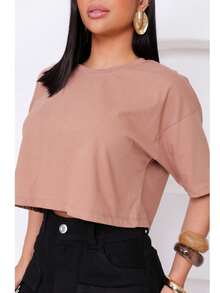 Women's Basic Cropped T-Shirt In Plain Cotton Knit - 卡布奇諾 - 查看 3