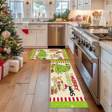 1/2pcs Winter Wonderland Christmas Doormat Set, Lightweight, Non-Slip, Washable, Made Of Synthetic Fiber With Rubber Backing, Christmas Decor Floor Mat With Green Border And Snowflake Pattern, Suitable For Living Room, Kitchen, Bathroom, Dining Room, Study