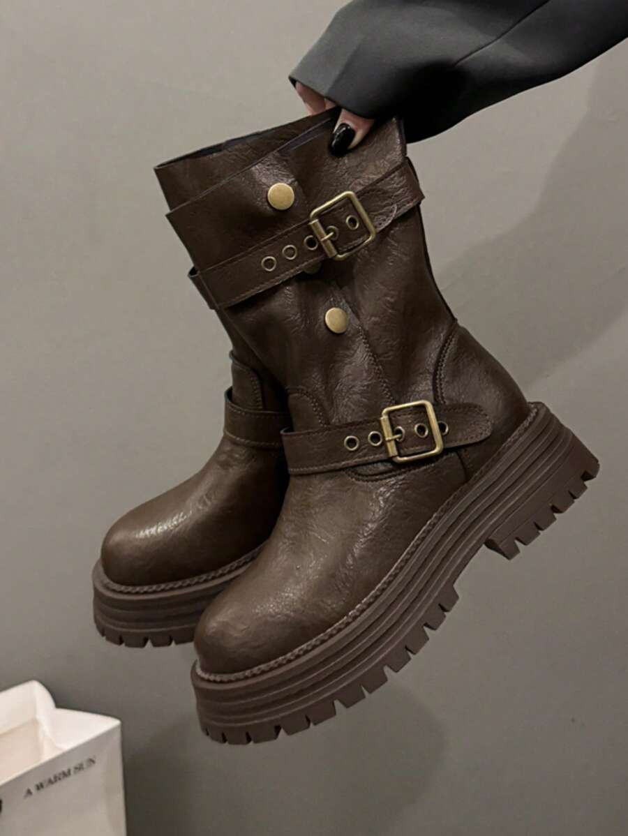 2025 New British Style Women's Boots, Retro Mid-Calf Boots, Thick Sole Black Short Boots, Suitable For Spring And Autumn