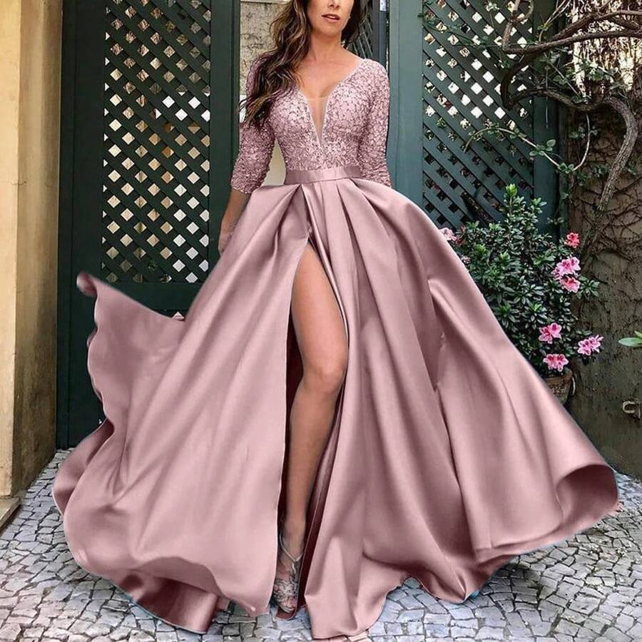 Custom Bulk New European And American Women's Clothing Independent Station Gold Stamping Large Hem Sexy Long Dress Evening Party Gown - 粉色 - 查看 1
