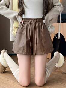 Quần short da PU dành cho nữ, phiên bản mùa đông mới, cạp chun, dáng rộng, cạp cao, quần ống rộng, quần legging - Màu nâu - Xem 4