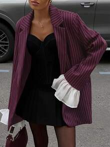 1pc Striped Woven Fabric Front Button Pocket Blazer For Women, Office Wear Autumn Spring - Burgundy - View 1