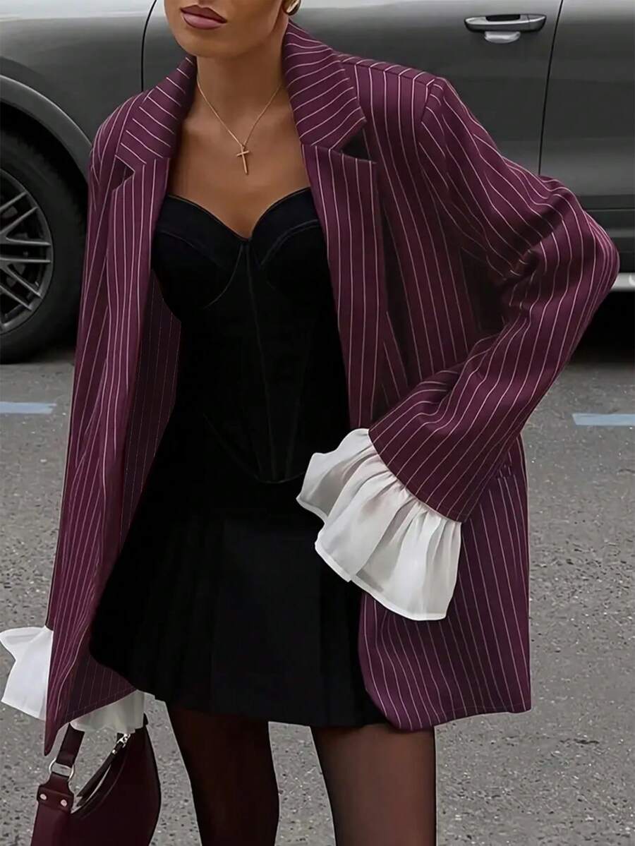 1pc Striped Woven Fabric Front Button Pocket Blazer For Women, Office Wear Autumn Spring - Burgundy - View 1