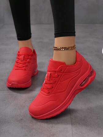 Lace-Up Leather Red Outdoor Running Shoes, Fashionable Walking Shoes For Women, Comfortable Breathable Casual Thick-Soled Cushioned Sports Shoes For Spring, Autumn, Winter, Suitable For New Year Holiday, Spring Shoes, Spring Break, Easter, Christmas