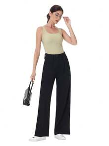 Women's Petite/Regular/Tall 3 Lengths Wrinkle-Free Flowy Office Dress Pants Slacks Breathable Workout Casual Wide Leg Stretchy High Waist Business Trousers - 黑色 - 查看 7