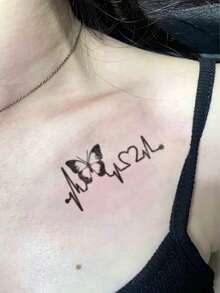 1 件 7-14 天防水防汗草本蝴蝶、心脏、心电图临时纹身贴纸 - 黑色 - 查看 5