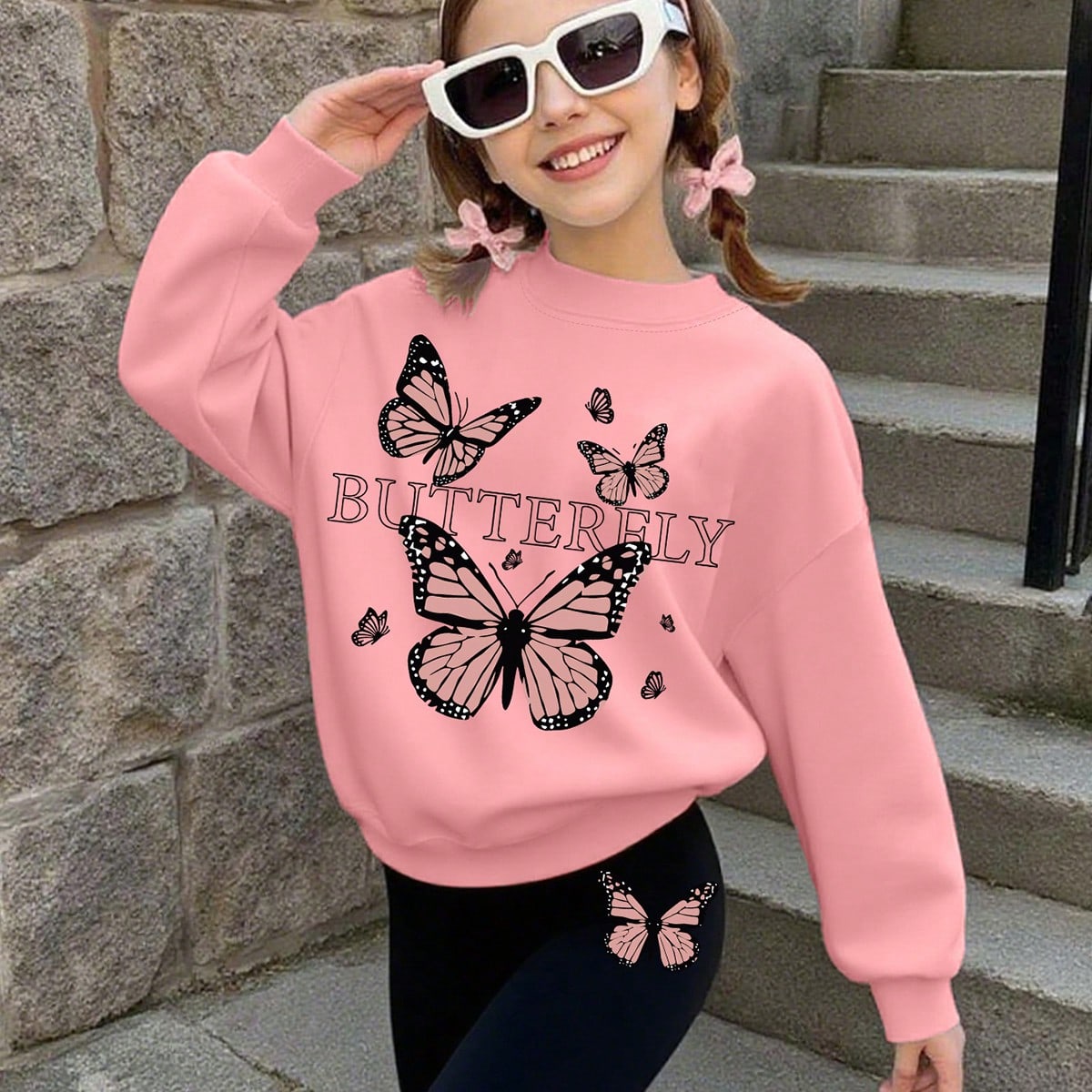 Set de 2 piezas de niña con estampado de mariposa dulce y lindo, sudadera suave con leggings elásticos, ropa escolar casual para primavera y otoño