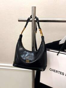 Tas Tangan PU Tahan Air Motif Badut Warna Solid Terbaru, Dekorasi Grafis Huruf, Penutup Resleting, Tas Tote Persegi, Tas Tangan Burgundy, Dekorasi Liontin, Tali Bahu yang Dapat Diatur, Cocok untuk Berbelanja - Hitam - View 4