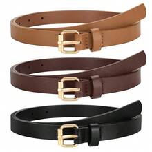 3 Pack Women Skinny Leather Belt For Jeans Pants Dress Ladies Thin Waist Belt With Gold Buckle-975806 - 黑色+咖啡色+棕色適合腰圍2731 - 查看 1