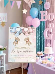 Customizable Teddy Bear Gender Reveal Welcome Sign, Pink And Blue Baby Bear Party Poster, He/She Yard Sign, Unisex Party Porch Sign, Editable, Frameless Canvas Only, Birthday Gift - Multicolor - View 10