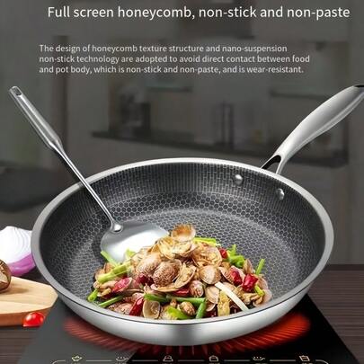 1 Heavy-Duty Stainless Steel Frying Pan - Honeycomb Non Stick Coating, Uniform Heat Distribution, Suitable For Gas And Electric Stoves - Steak, Eggs, Fish, Vegetables, Pancakes - Indoor/Outdoor Use, Camping, Kitchen - Dishwasher Safe - Professional And Household Cookware, Essential For Indoor Cooking, Modern Kitchen Supplies, Durable Structure, Multifunctional Cookware
