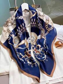 1条90厘米 x 90厘米时尚百搭多功能围巾，蓝色链条印花大方巾，防晒披肩头巾，可搭配连衣裙 - 黑與白 - 查看 6