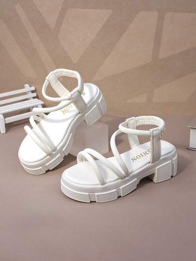 1 Pair Of Girls' Simple Imitation Leather Solid Color Woven Belt Sandals With Thick Sole, Fashionable And Summer/Daily Play Outfit