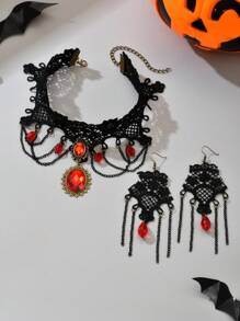 1 套 3 件哥特式复古设计微镶嵌红色仿宝石吊坠蕾丝颈链、流苏耳环套装，适合万圣节派对和宴会