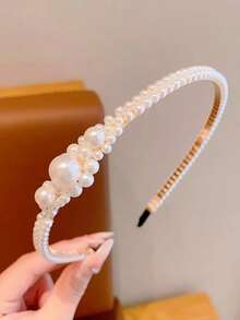 1pc New Pearl Headband, Handmade Braided Knot Crown Headpiece, Bridal Hair Accessories - White - View 3