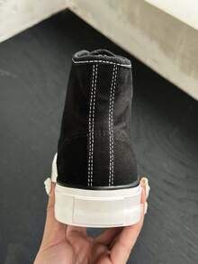 OPOEE 黑色帆布鞋 女鞋 小白鞋 中帮运动鞋 男鞋 帆布鞋 春秋款 韩版 简约时尚 高帮休闲系带运动鞋 经典中帮帆布鞋 百搭休闲滑板鞋 - 黑色 - 查看 5