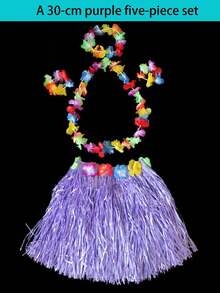 Conjunto de 5 piezas de disfraz de falda de hierba con corona de flores hawaianas, traje para celebración de festival, actuación en el escenario, evento escolar, ensayo de baile en grupo grande (cintura ajustable) Halloween