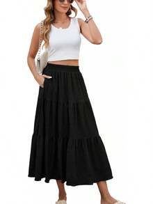 HUSKARY Women's Summer Casual Elegant Smock Layered Tiered Maxi Skirt High Waisted A Line Flowy Long Skirts With Pockets