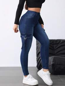 And Sexy Women's Tight Jeans, Solid Color Casual Jeans, Mid Waist Low Elasticity, Waist Cinching And Hip Lifting, Slim And Sexy, Suitable For All Seasons, Paired With Side Flip Pockets, Fashionable And Simple, Suitable For Valentine's Day, Back To School Season, Bachelor Party, Bar, Nightclub, Going Out, Campus, Work, Travel, Street Girl, Rebellious Girl - 藍色 - 查看 2