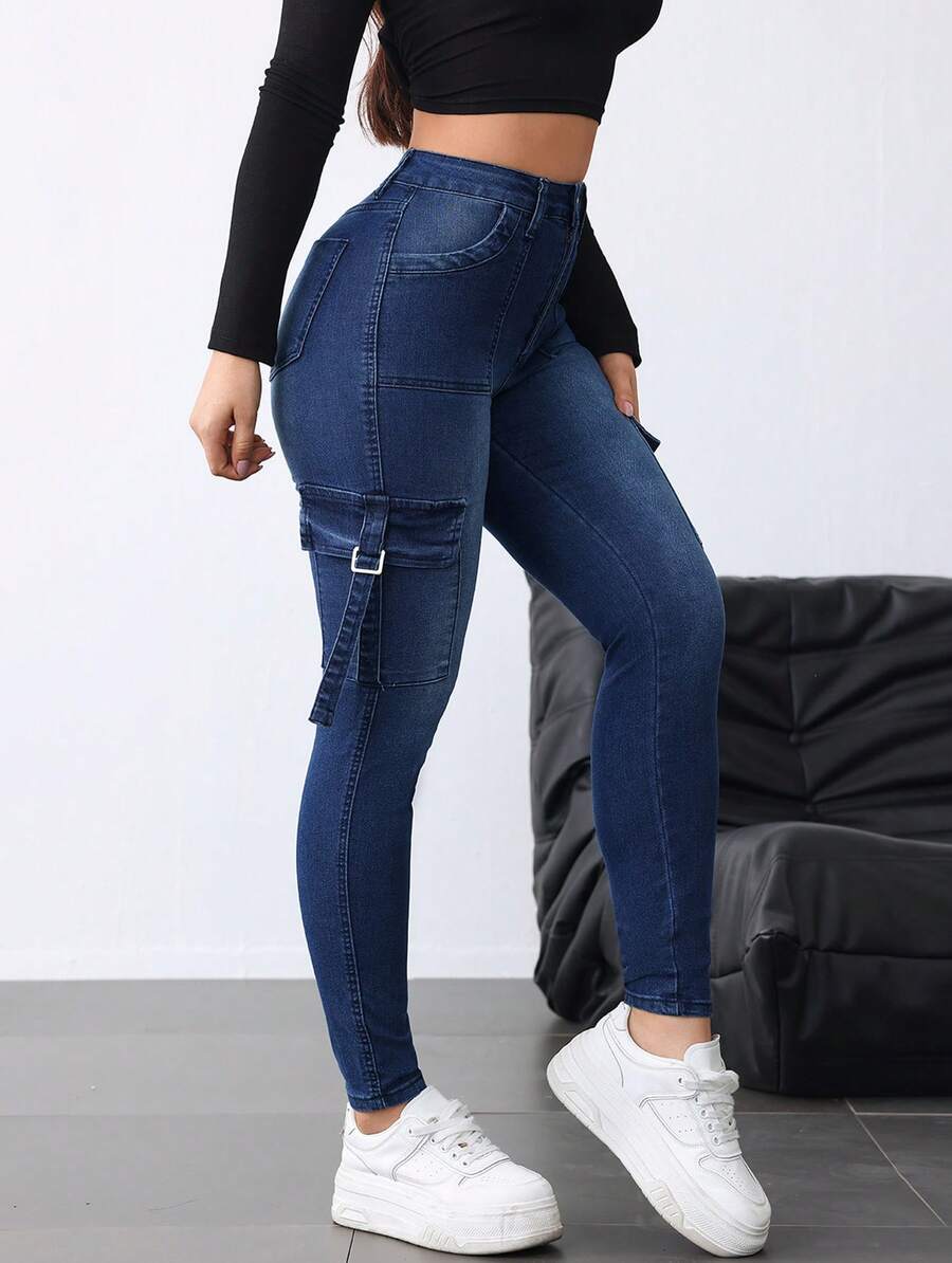 And Sexy Women's Tight Jeans, Solid Color Casual Jeans, Mid Waist Low Elasticity, Waist Cinching And Hip Lifting, Slim And Sexy, Suitable For All Seasons, Paired With Side Flip Pockets, Fashionable And Simple, Suitable For Valentine's Day, Back To School Season, Bachelor Party, Bar, Nightclub, Going Out, Campus, Work, Travel, Street Girl, Rebellious Girl - Blue - View 1