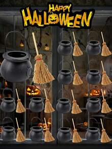 24pcs/Set Mini Plastic Cauldrons With Mini Witch Brooms, Black Witch Cauldrons With Handles, Children's Halloween Candy, St. Patrick's Day Coins Holder And Party Favors (12 Cauldrons + 12 Brooms) - Multicolor - View 7