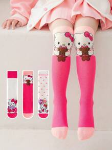 Sanrio 3 Pairs Children's Summer Mesh Thin Girls Over The Knee Stockings Mid-Tube Stockings Cartoon Breathable Cute Rose Red KT Cat Calf Socks - Multicolor - View 1