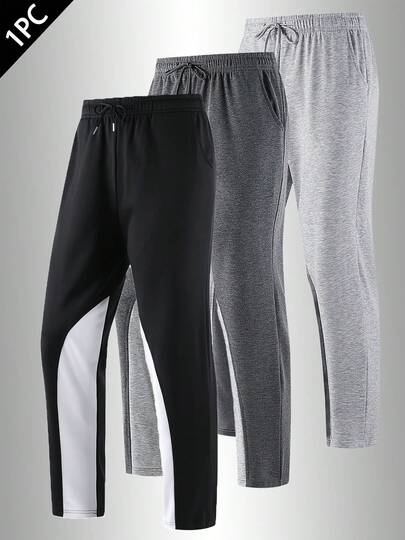 Men's Black & White Contrast Color Casual Sports Pants, Suitable For Outdoor Activities, Running, And Daily Wear Spring