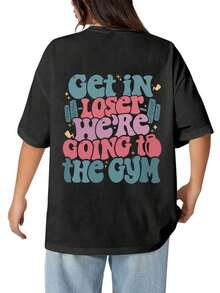 Shirt Women's "Loser, We're  To The Gym" Slogan Printed T-Shirt, Loose Casual White Round Neck Short Sleeve Top, Soft And Comfortable, Very Suitable For Daily Casual Wear |   Gym Enthusiasts |   Fitness WearLoose And Comfortable2026 Halftime Show Shirt - 黑色 - 查看 3