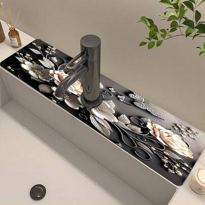 1 pieza Alfombrilla absorbente con diseño floral para grifo del lavabo, almohadilla de drenaje, para cocina, baño, encimera, almohadilla de drenaje, barro de diatomeas para lavabo, recortable, almohadilla de secado rápido
