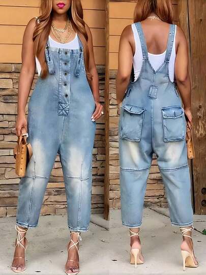 Street Style Women's Denim Overalls, Solid Color Denim Cropped Pants, Mid Waist Non Elastic, Casual And Versatile, Youthful Looking, Suitable For All Seasons, Paired With Multiple Button Decorations, Retro Casual, Suitable For Back To School Season, Commuting, Going Out, Vacation, Lazy Style, Retro Parties, Gatherings, Banquets