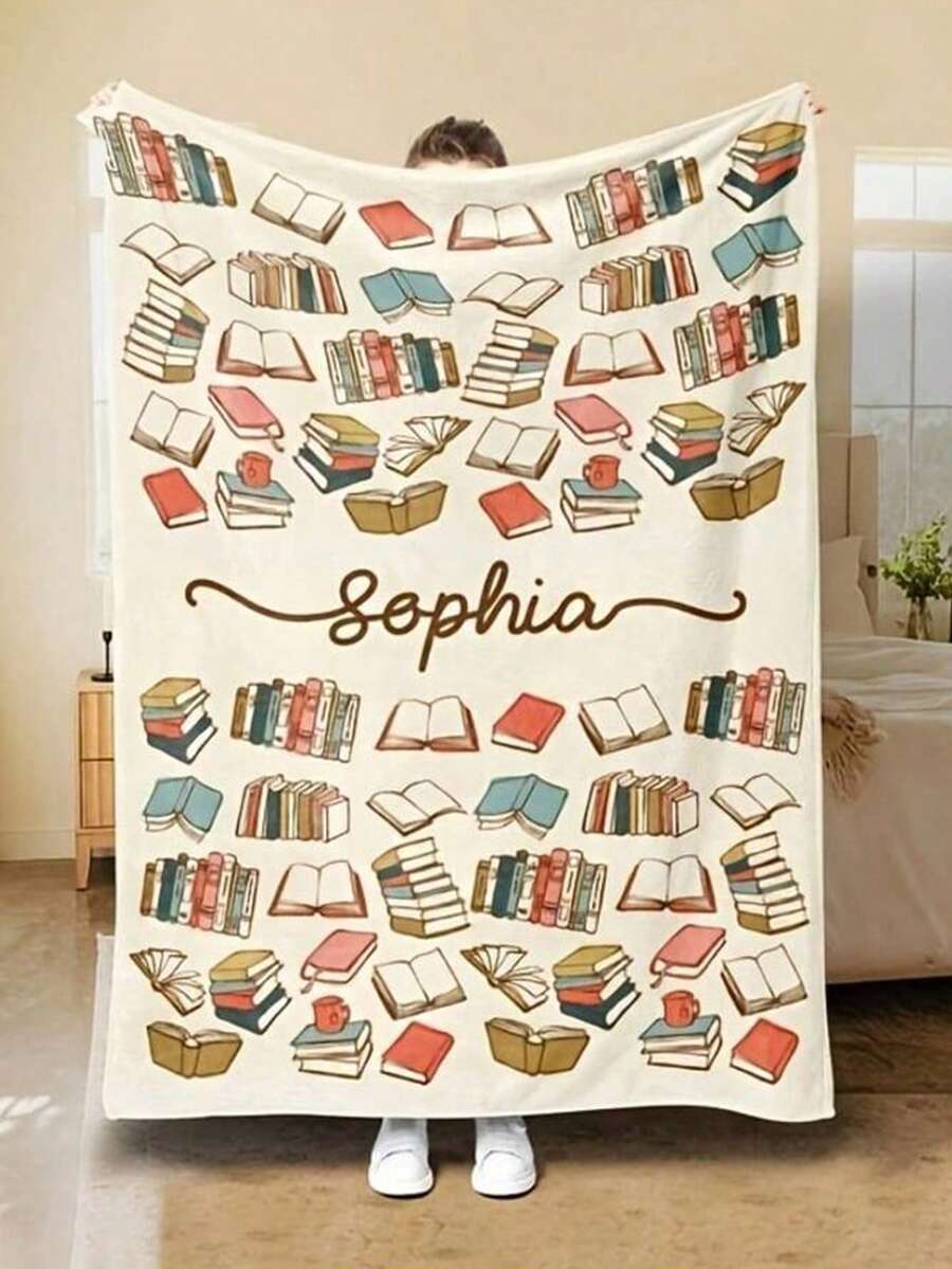 1 peça de manta de pelúcia personalizada com estampa criativa de livro, macia e quente, com impressão digital, ideal para sofás, camas, viagens, camping, salas de estar e escritórios. Lavável à máquina, estilo moderno, multiuso para todas as estações.