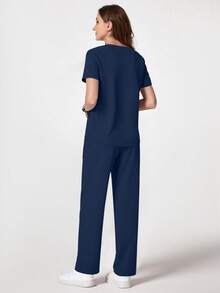 cimmuovere Conjunto de uniforme de mujer con parte superior de manga corta con cuello en V, múltiples bolsillos y bajo con abertura, talla grande pantalón de uniforme liso para enfermeras, dentistas, personal de salud, veterinaria y laboratorio