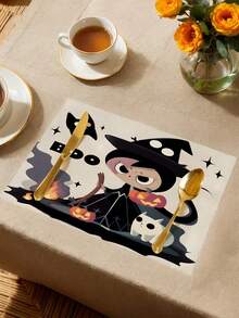 1 pieza/4 piezas/6 piezas/48 piezas Manteles individuales con estampado de bruja, manteles individuales de Halloween, decoración de otoño y Halloween para el hogar, estilo moderno, material similar al lino, decoración de interiores y exteriores para fiestas de Halloween, decoración con tema de Halloween, decoración de habitaciones. Adecuado para la decoración de la cocina del hogar y la decoración de fiestas de Halloween.