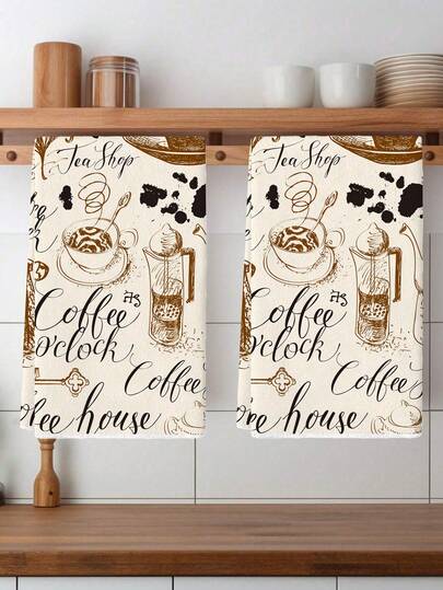 2 piezas Paños de cocina con estampado de café, diseño rústico para decoración de cocina, suaves y absorbentes, lavables a máquina de poliéster, perfectos para la decoración de la cocina y la cocina.