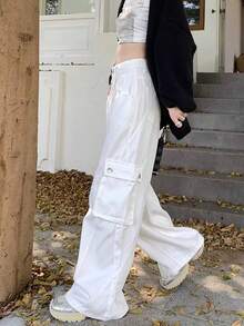 Pantalones largos de trabajo blancos de diseño industrial para mujer, de cintura alta, corte recto, ajustados, holgados y con pernera ancha. - Blanco - Ver 5