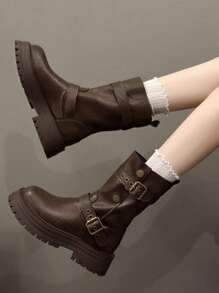 2025 New British Style Women's Boots, Retro Mid-Calf Boots, Thick Sole Black Short Boots, Suitable For Spring And Autumn