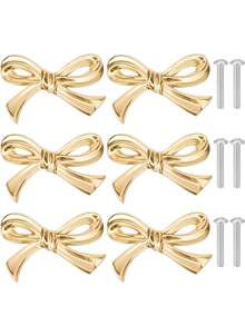 6/2pcs Brass Bow-Shaped Gold-Plated Drawer Cabinet Handles, Decorative Vintage Gold-Plated Home Drawer Pulls, Vintage Vanity Knobs, Decorative Bow-Shaped Knobs, Vanity Cabinet And Kitchen Cabinet Handles, Cabinet Drawer Pulls, Wardrobe Hardware Accessories, Cabinets, Vanities, Tables, Bedside Cabinets, Wardrobes, And Drawer Handles - Multicolor - View 2