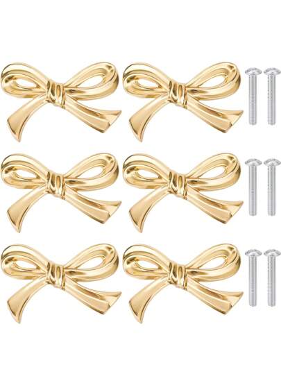 6/2pcs Brass Bow-Shaped Gold-Plated Drawer Cabinet Handles, Decorative Vintage Gold-Plated Home Drawer Pulls, Vintage Vanity Knobs, Decorative Bow-Shaped Knobs, Vanity Cabinet And Kitchen Cabinet Handles, Cabinet Drawer Pulls, Wardrobe Hardware Accessories, Cabinets, Vanities, Tables, Bedside Cabinets, Wardrobes, And Drawer Handles