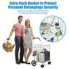 Lifezeal Folding Shopping Cart Jumbo Basket Grocery Laundry Travel W/ Swivel Wheels - 銀色 - 查看 3