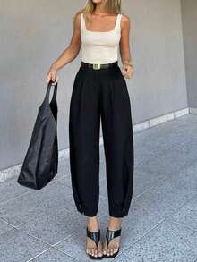 Women's Casual Solid Color Loose Pleated Lantern Sickle Pants, Ankle Length - Black - View 6