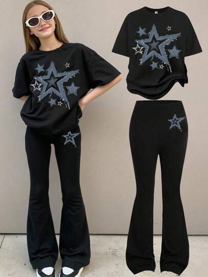 2pcs/Set Girls Casual Minimalist Short Sleeve Top And Pants Set, Suitable For Summer Vacation, School, And Shopping