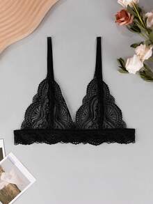 MLeyhoice 1 件黑色蕾丝柔软文胸内衣，露背 - 黑色 - 查看 1