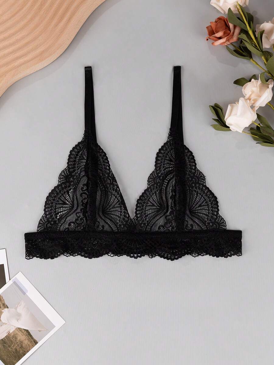 MLeyhoice 1 件黑色蕾丝柔软文胸内衣，露背 - 黑色 - 查看 1