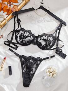 2pcs Women's Sexy Lingerie Set, Black, Ultra-Thin Breathable Mesh, Floral Embroidery, Alluring & Charming, Includes 1 Bra And 1 Thong Panty; Perfect For Valentine's Day Date