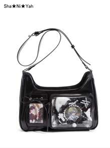 Y2K Fashion Shopping Casual Minimalist Street Commute Large Capacity Women's School Style Oiled Wax Leather Transparent Badge Shoulder Bag Crossbody Bag, Can Hold Textured Items, Can Hang Key Chain, Can Hold Postcards - Black - View 2