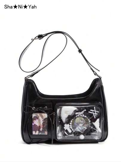 Y2K Fashion Shopping Casual Minimalist Street Commute Large Capacity Women's School Style Oiled Wax Leather Transparent Badge Shoulder Bag Crossbody Bag, Can Hold Textured Items, Can Hang Key Chain, Can Hold Postcards