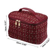 Makeup Bag, Large Cosmetic Travel Bag Woolen Make Up Brush Organizer Bag Tweed Plaid Toiletry Bag For Women - 紅色 - 查看 4