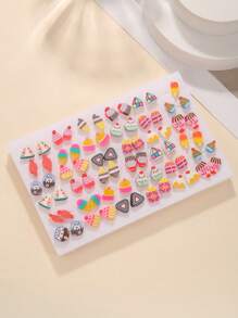36pcs/Set Girls Cartoon Soft Clay Fruit Mixed Color Plastic Cute Fashion Earrings Set, Random Color & Style, No Box, Versatile For Daily Wear - Multicolor - View 6