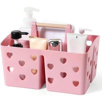 Organizador de ducha portátil de plástico, cesta dividida para almacenamiento de baño, organizador de limpieza con asa para dormitorio universitario, cocina, regalo en color rosa