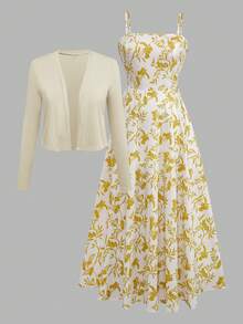 女式波西米亚花卉印花腰部喇叭形吊带背心连衣裙搭配针织开衫套装 - 黃色 - 查看 4